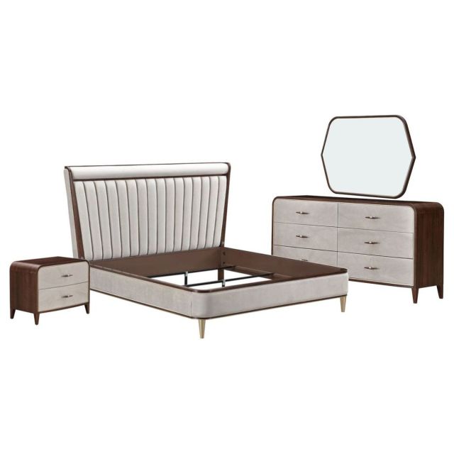 AICO Michael Amini Houston Eastern King Channel Tufted Panel Bedroom Set with 2-Drawer Nightstand in Walnut