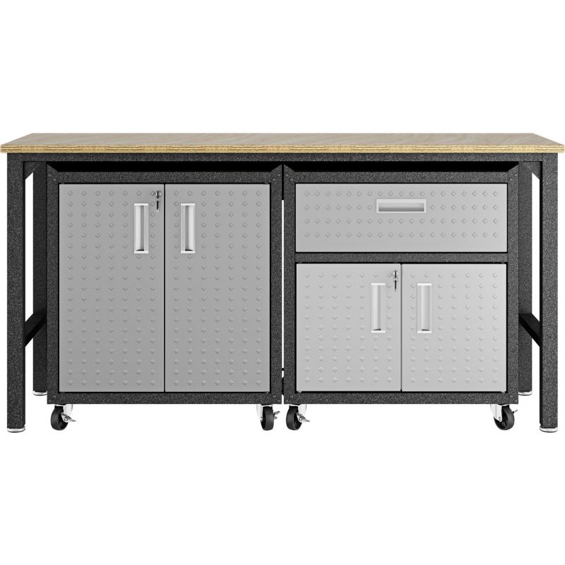 Manhattan Comfort Fortress 3Pc Mobile Space-Saving Steel Garage Cabinet and Worktable 2.0