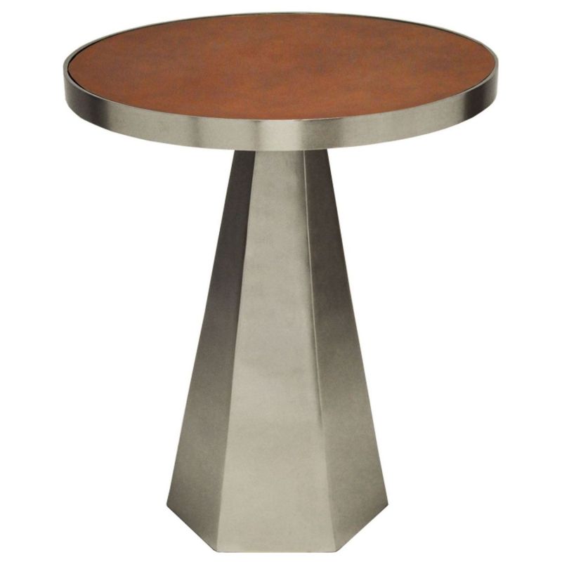 Worlds Away Woodrow Antique Nickel Side Table With Faux Brown Leather Top Unlimited Furniture
