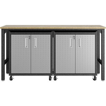 Manhattan Comfort Fortress 3Pc Mobile Space-Saving Steel Garage Cabinet and Worktable 1.0 in Grey