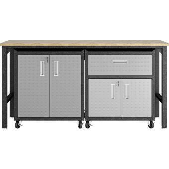 Manhattan Comfort Fortress 3Pc Mobile Space-Saving Steel Garage Cabinet and Worktable 2.0 in Grey