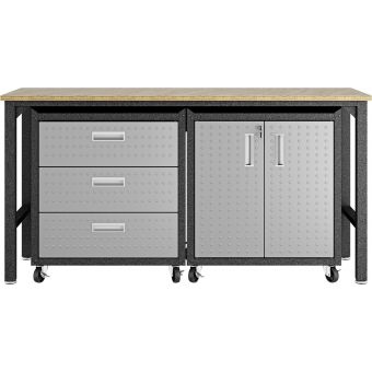 Manhattan Comfort Fortress 3Pc Mobile Space-Saving Steel Garage Cabinet and Worktable 3.0 in Grey