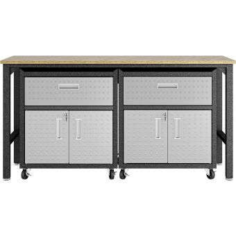 Manhattan Comfort Fortress 3Pc Mobile Space-Saving Steel Garage Cabinet and Worktable 4.0 in Grey