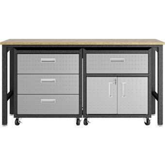 Manhattan Comfort Fortress 3Pc Mobile Space-Saving Steel Garage Cabinet and Worktable 5.0 in Grey