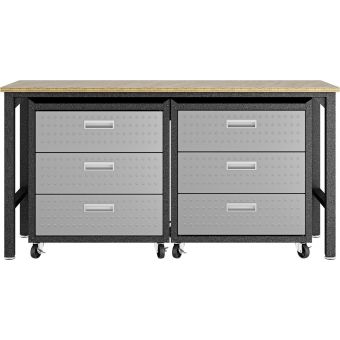Manhattan Comfort Fortress 3Pc Mobile Space-Saving Steel Garage Cabinet and Worktable 6.0 in Grey