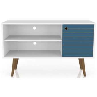 Manhattan Comfort Liberty 42.52" TV Stand with 2 Shelves and 1 Door in White and Aqua Blue