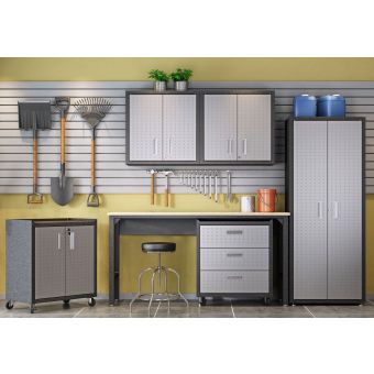 Manhattan Comfort Fortress 6Pc Textured Garage Set with Cabinets, Wall Units and Table in Grey