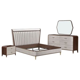 AICO Michael Amini Houston Eastern King Channel Tufted Panel Bedroom Set with 2-Drawer Nightstand in Walnut