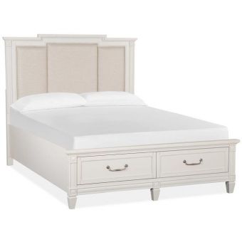 Magnussen Willowbrook King Panel Storage Bed with Upholstered Headboard in Egg Shell White