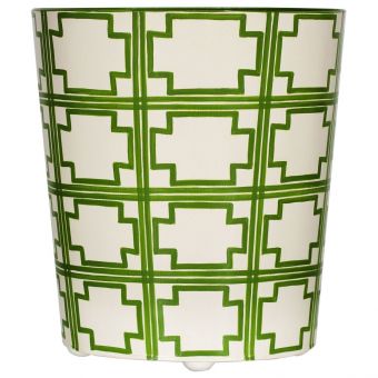 Worlds Away Oval Wastebasket Cream/Green Squares