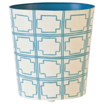 Worlds Away Oval Wastebasket Cream/Turquoise Squares
