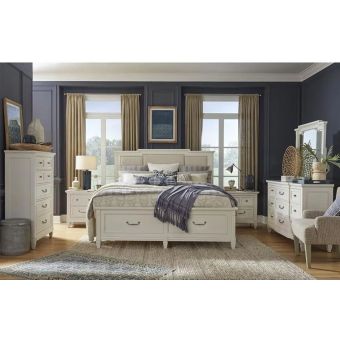 Magnussen Willowbrook Panel Storage Bedroom Set with Upholstered Headboard in Egg Shell White