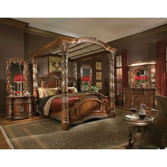 AICO Michael Amini Villa Valencia Canopy Bedroom Set in Classic Chestnut, Cal King
